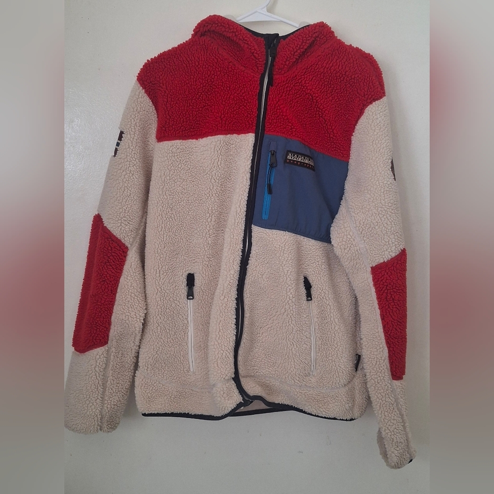 Napapijri Red and Cream Puffer Jacket with Blue Pocket